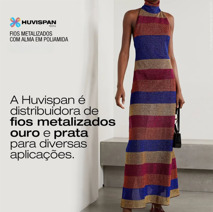 Vestido com brilho feito em fios metalizados. A Huvispan é distribuidora de fios metalizados ouro e prata para diversas aplicações na moda e no design têxtil.